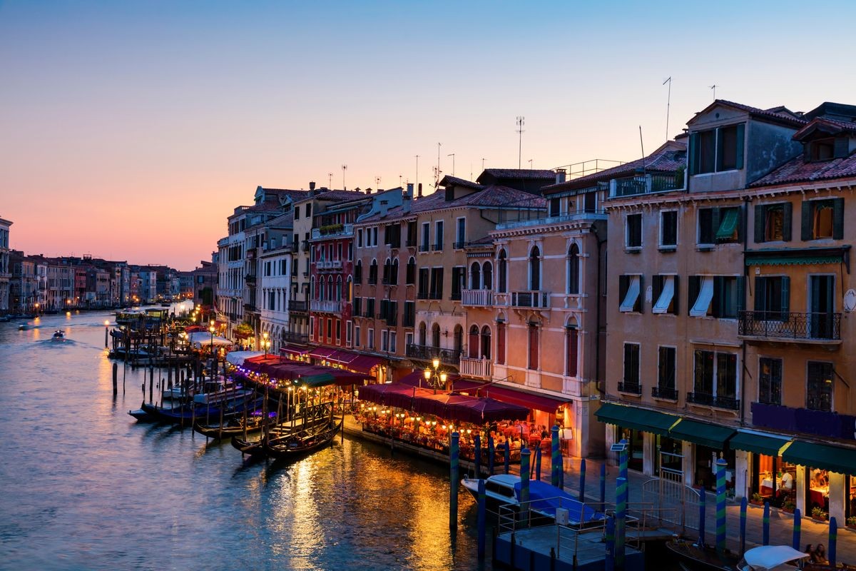 View of the Grand Canal from Rialto Bridge at sunset, Venice, Italy