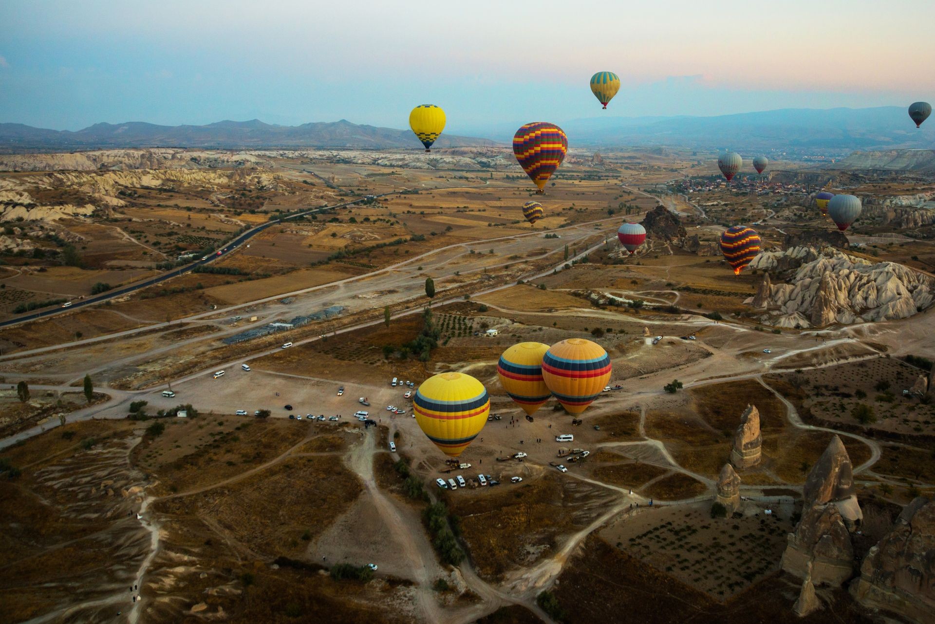 Cappadocia, Turkey: Balloon flight at dawn, beautiful view of the mountains and balls.