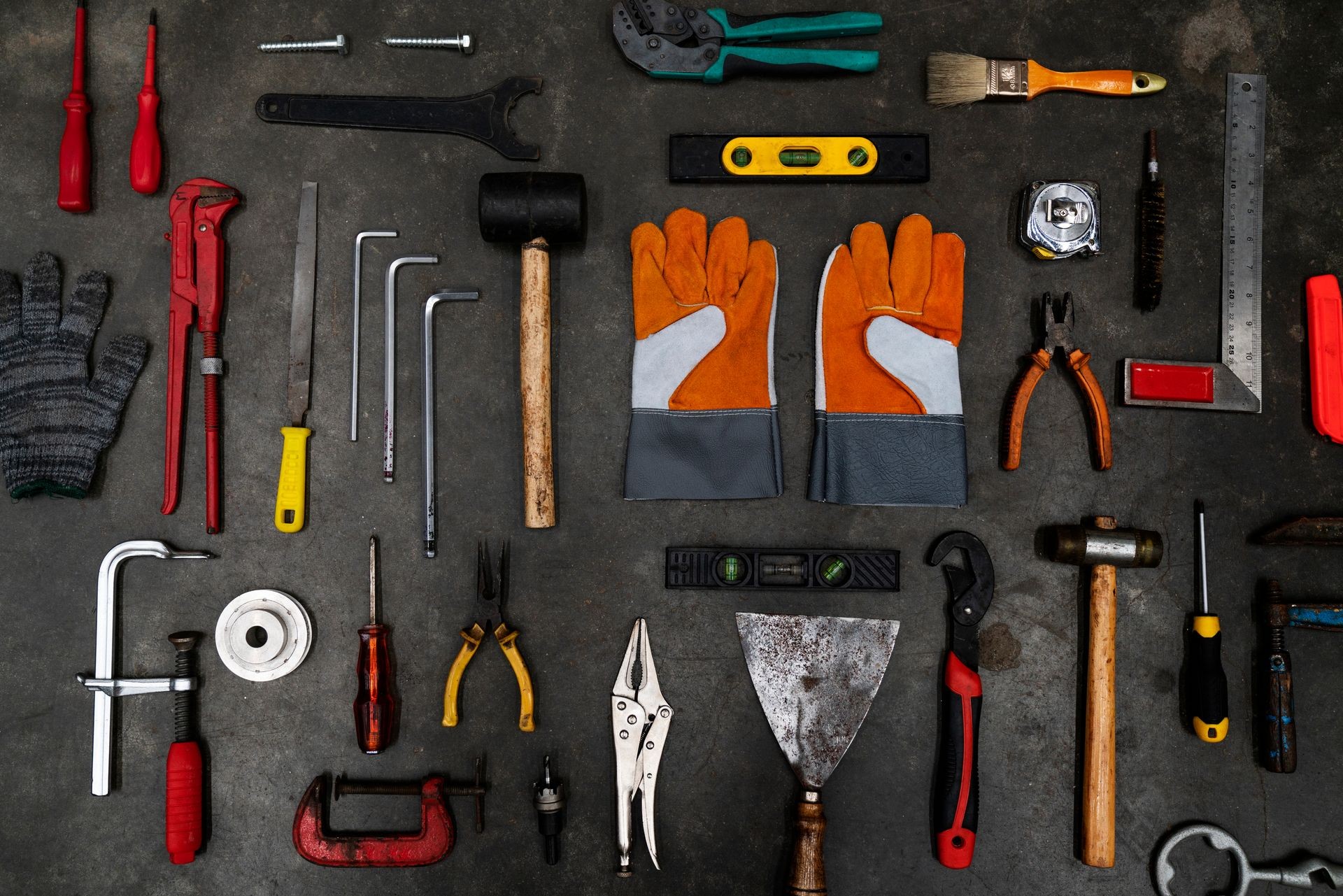 Old tools equipment on black background, engineering tool concept