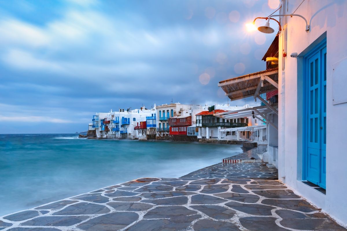 Famous view of Mikri Venetia or Little Venice at sunrise in Mykonos City, Chora, on the island Mykonos, The island of the winds, Greece