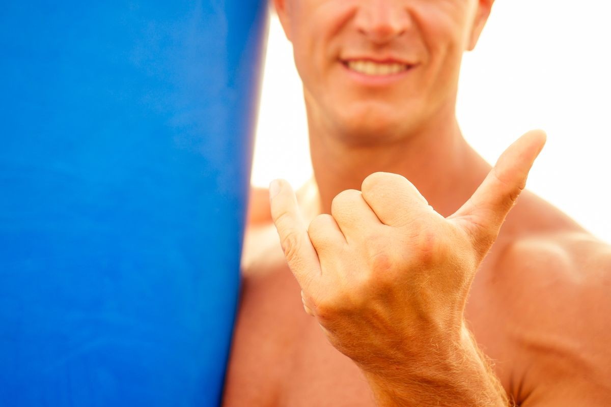 shaka hand gesture surfers symbol.shirtless surfer man surfboard beach summer sunset sea.surfing man photographing on a smartphone traditional gesticulation freelancer greeting,freedom waves ocean