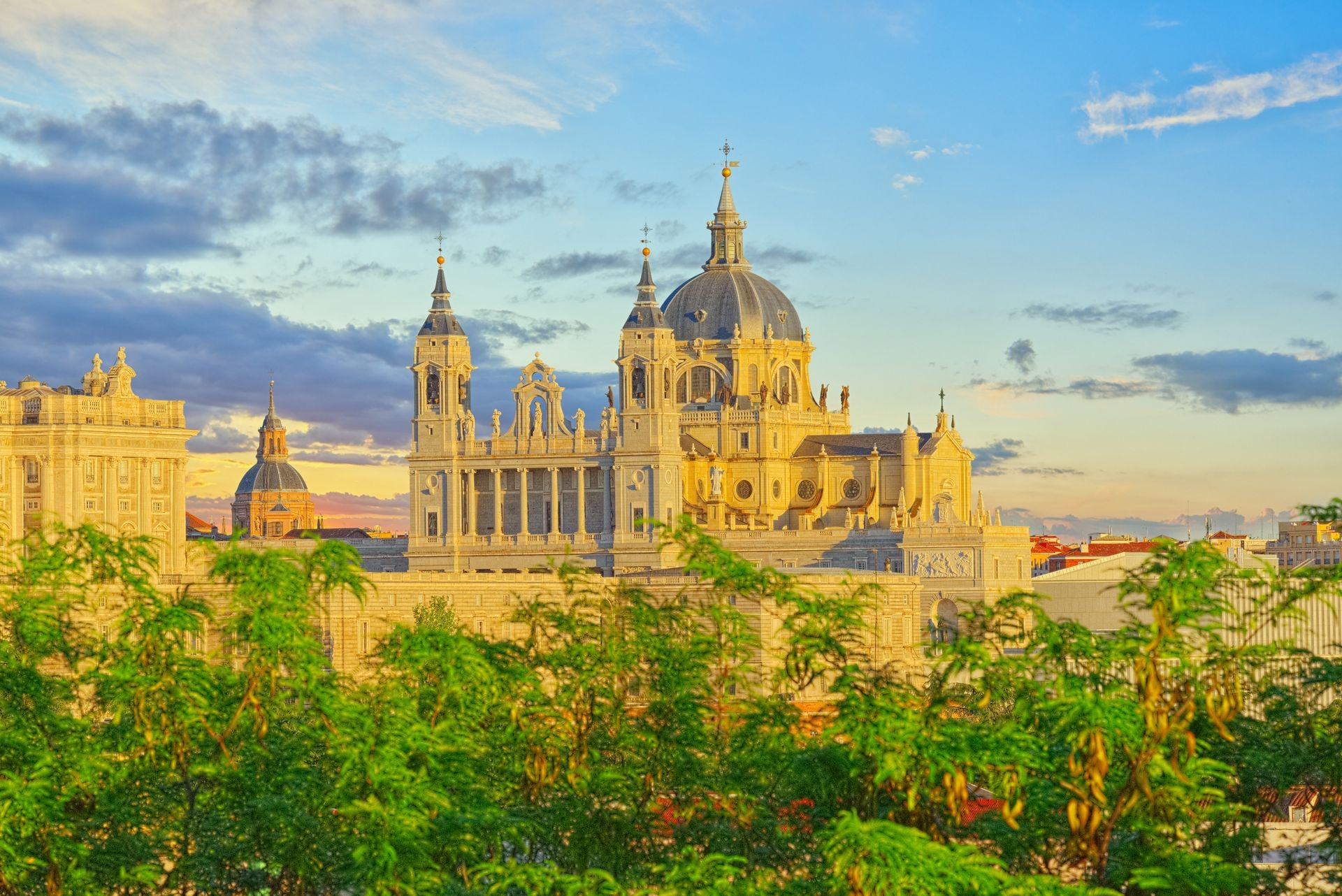 Panorama view on Royal Palace (Palacio Real) in the capital of Spain - beautiful city Madrid from a bird's eye view. Spain.