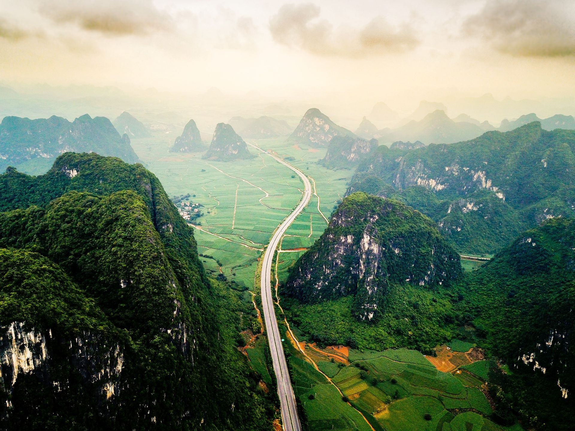 Stunning scenic highway through Guangxi province of China on a foggy day