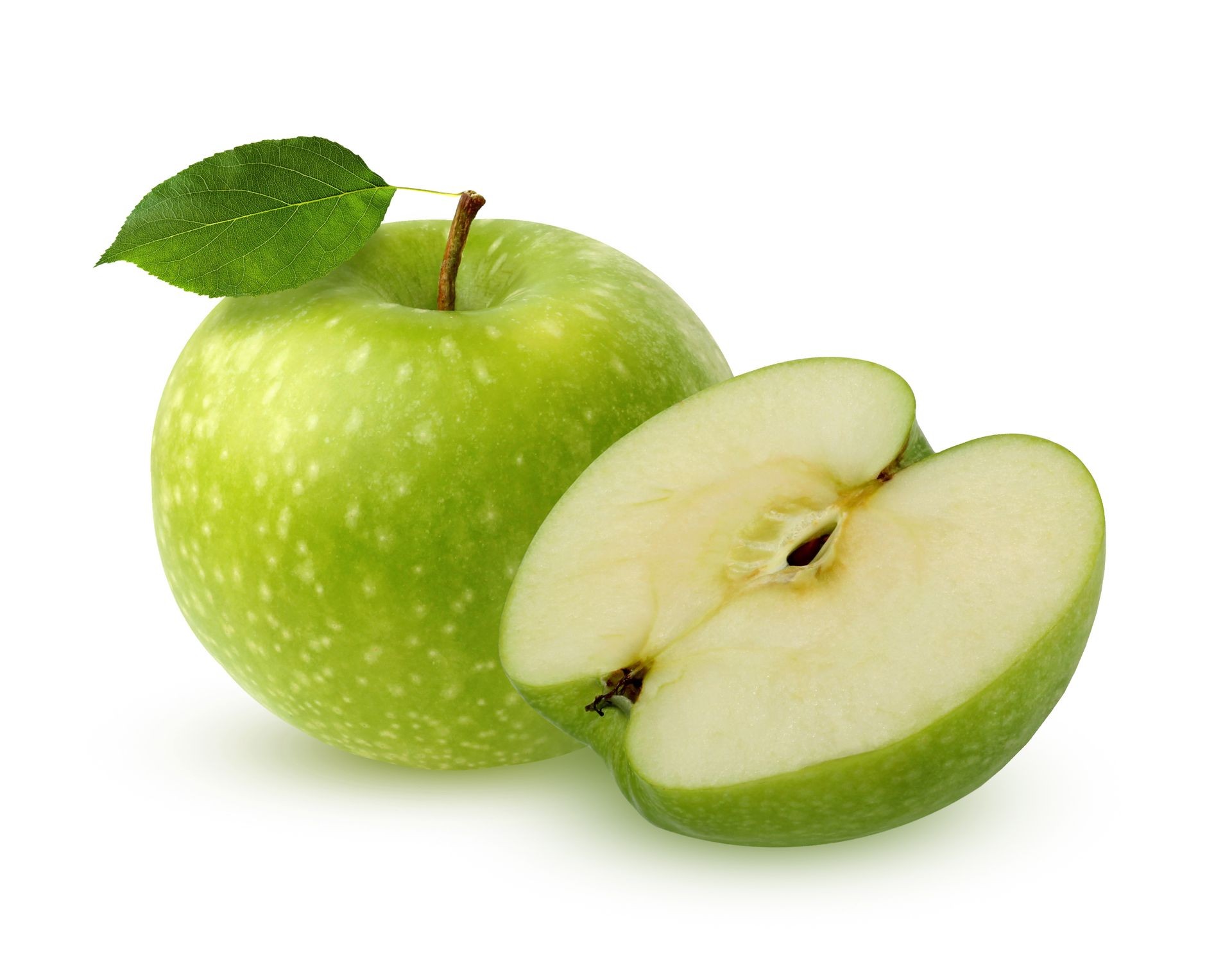 Green Apple with leaf, isolated on white background. One whole fruit and half with shadow.