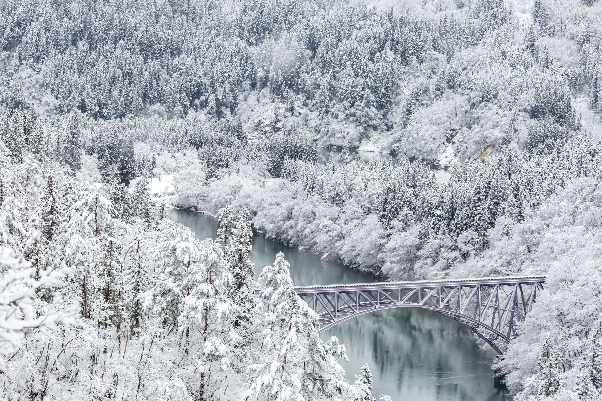 Winter landscape snow covered trees with train crossin River on Bridge