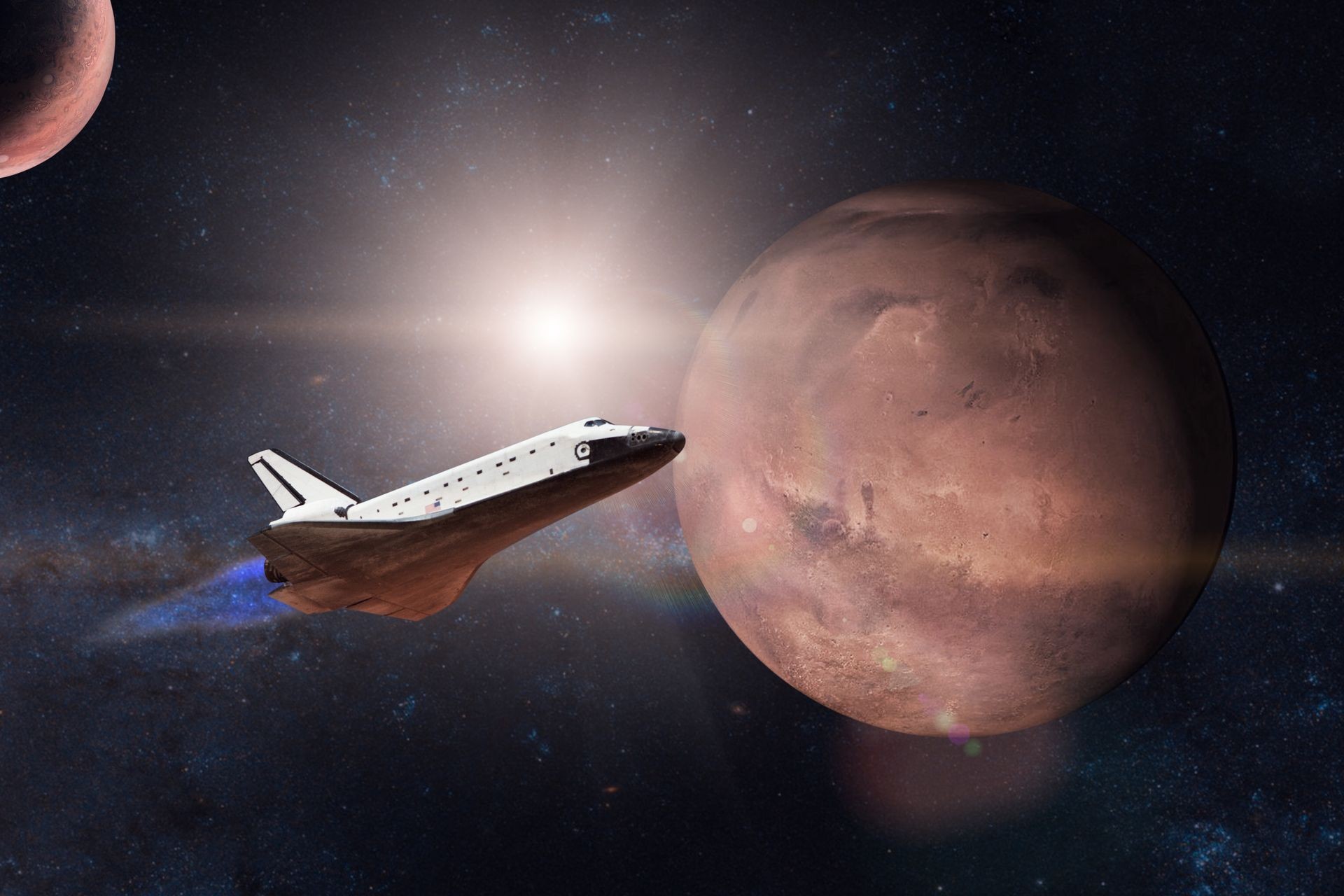 Space shuttle taking off on a mission on background of Mars planet. Elements of this image furnished by NASA.