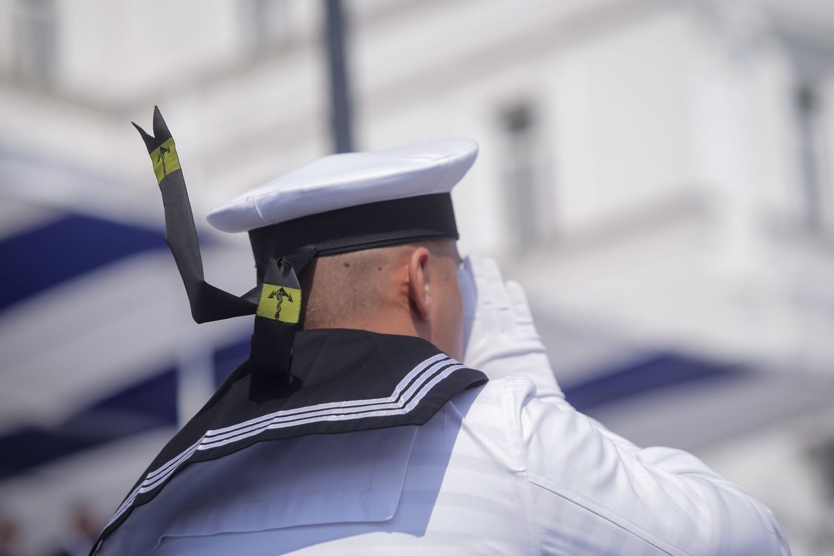 A Romanian military sailor takes part at the ceremonies during the Romanian Navy Day