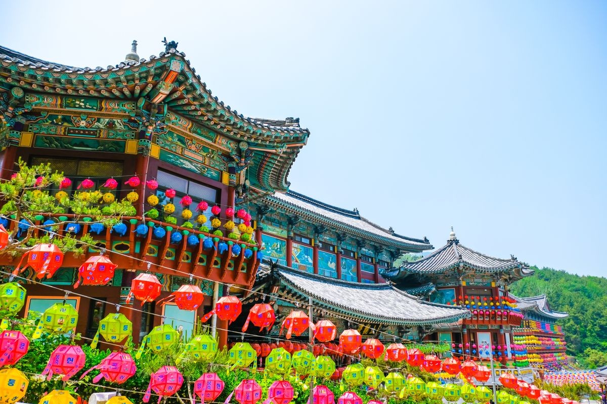 View of Samgwangsa temple in Busan city of South Korea. Thousands of paper lanterns decorate Samgwangsa Temple in Busan, South Korea for Buddha's Birthday.