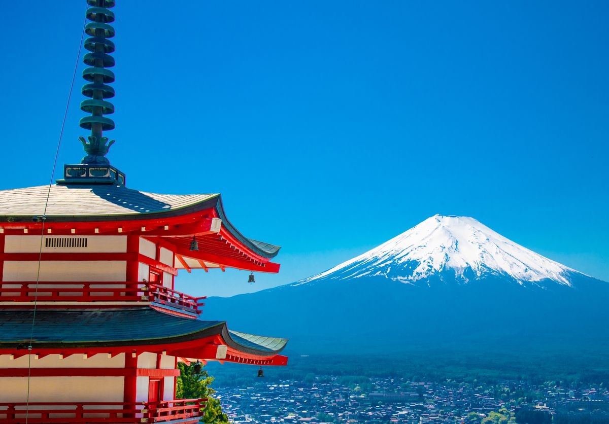 Red Pagoda with Mt Fuji on the background,Mt. Fuji with red pagoda in autumn, Fujiyoshida, Japan,Chureito Pagoda.