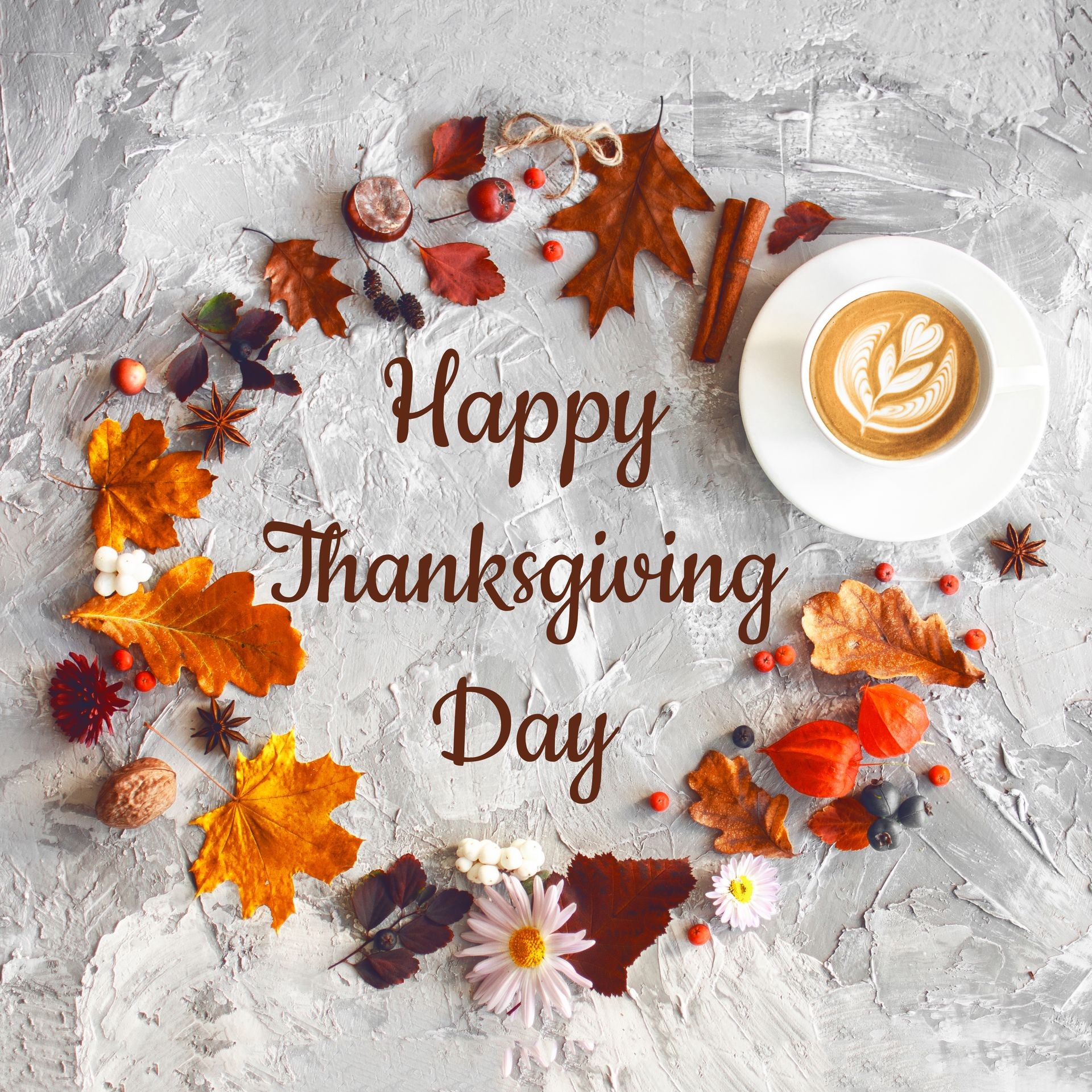 Happy Thanksgiving Day background ,table decorated with autumn leaf, coffee, flowers. Beautiful Holiday Autumn festival concept scene Fall, Harvest. Flat lay, top view, copy space.