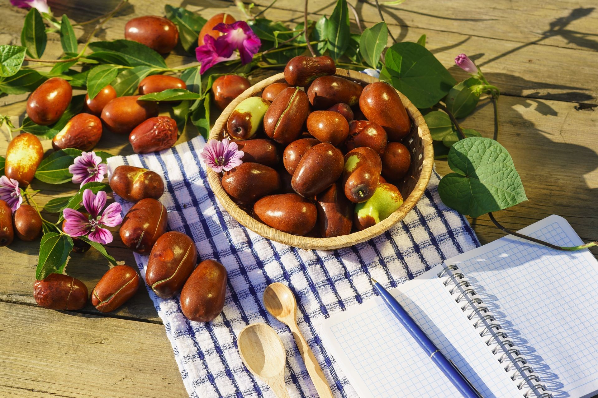 Wicker basket with Ziziphus real fruits, cobblestone, unabi, capiente, marmalade, capiinit, jojoba, Chinese date on blue napkin in sunlight. Autumn still life