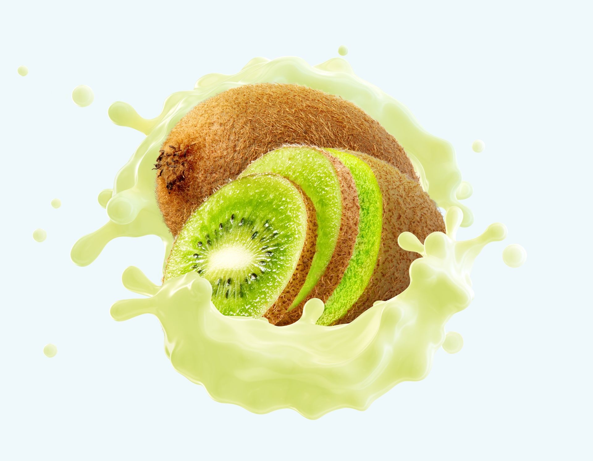 Fresh fruit bio yogurt splash with ripe kiwi and kiwi slices. Healthy breakfast meal label design with bio natural lactose free yogurt, cream, milk and kiwi. Label ad 3D design element. Clipping path