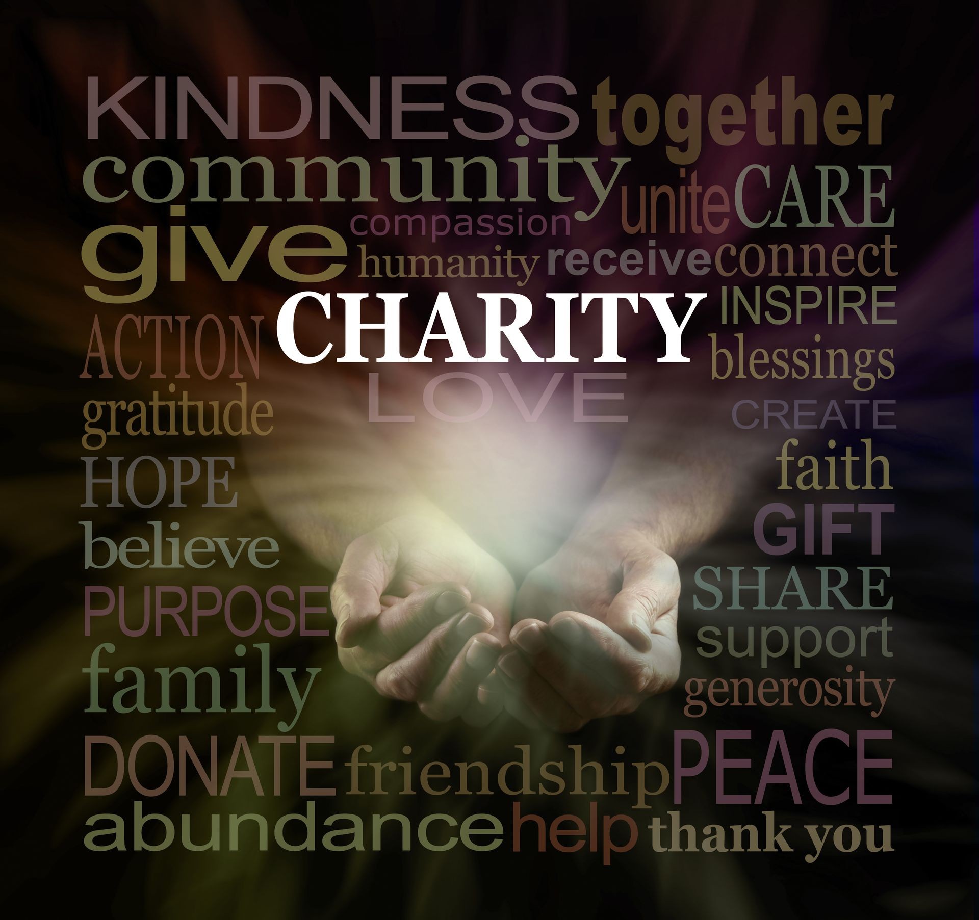 Help our Charity Fund raising campaign - male cupped hands emerging from black background surrounded by a warm colored CHARITY word cloud
