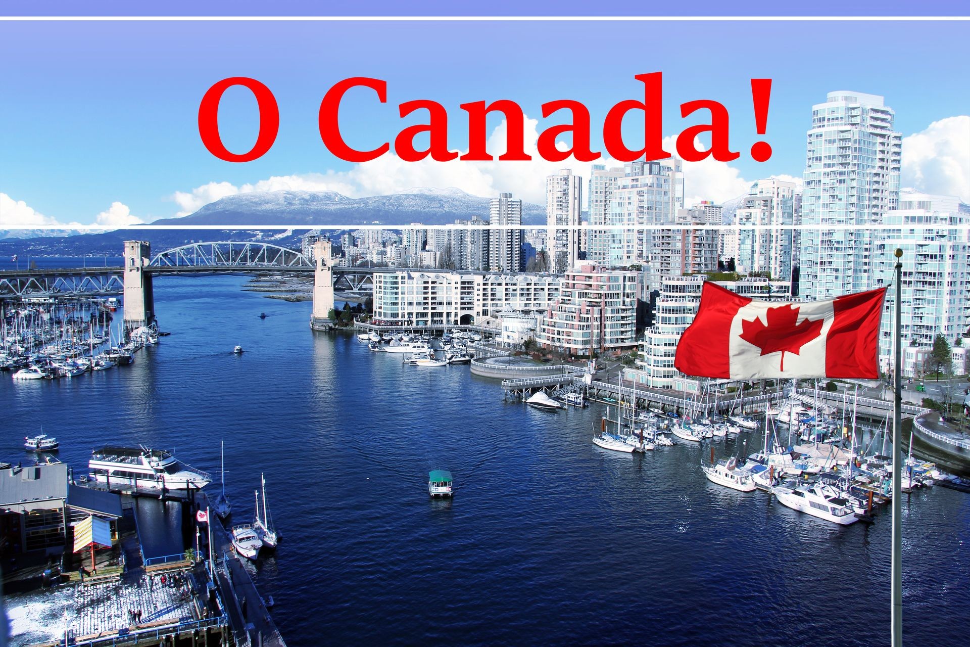 Canadian flag in front of view of False Creek and the Burrard street bridge in Vancouver, Canada. 