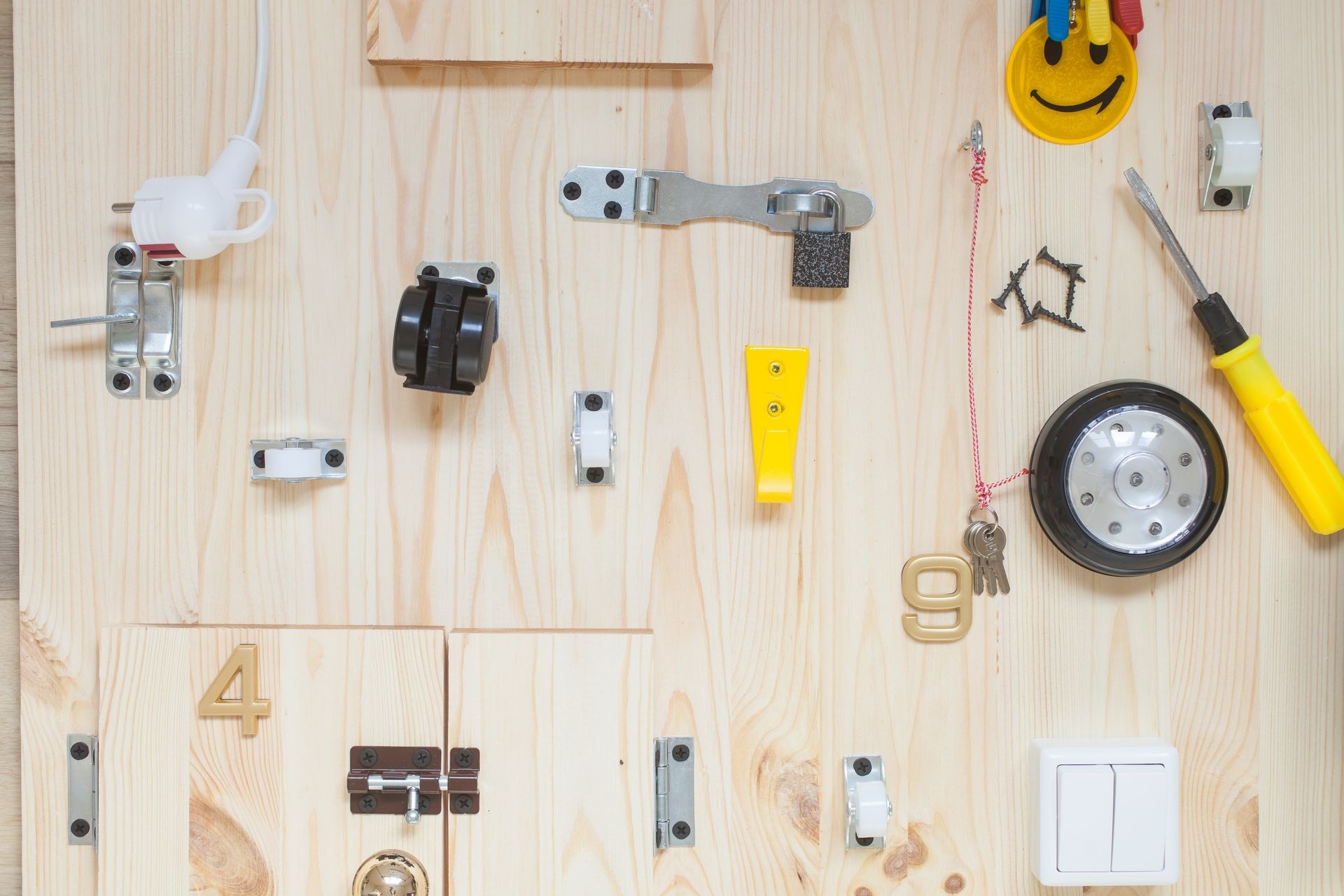 Busy board with construction elements. Top view